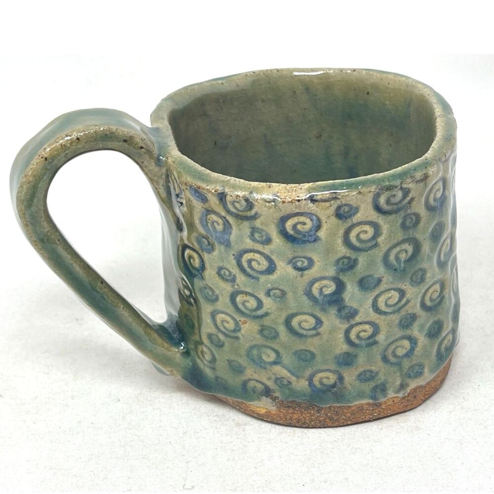 Amateur Art Pottery Coffee Mug Green Handmade Signed Folk Art Brutalist Style
